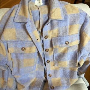 Plaid Button-Up Shacket in lavendar and Tan